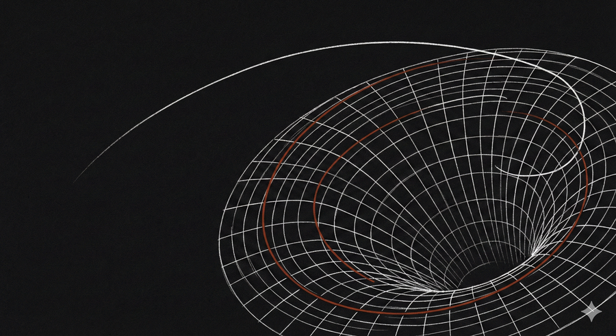 Wireframe "gravity well" illustration on a black background.